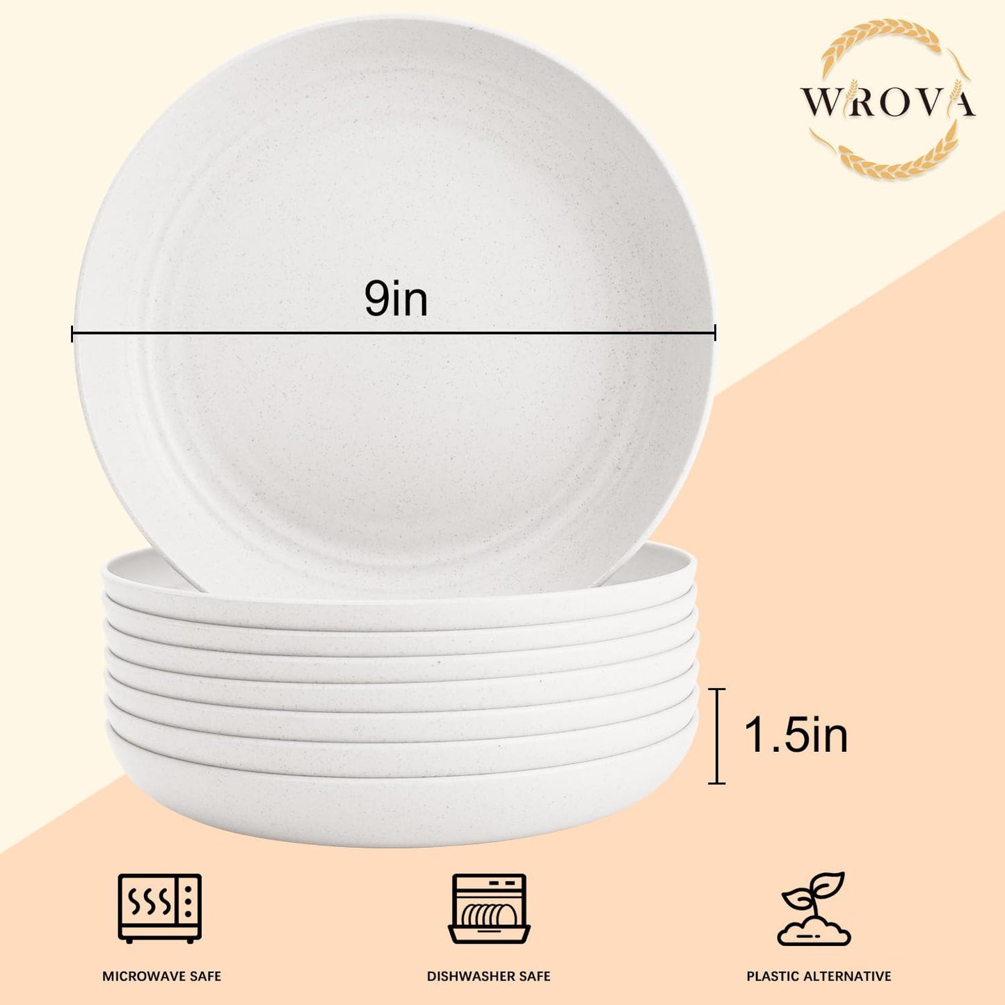 Wrova Wheat Straw Plates - 9 Inch Unbreakable Dinner Plates Set of 8 - Dishwasher & Microwave Safe Plastic Plates Reusable for Kitchen and Camping (white)