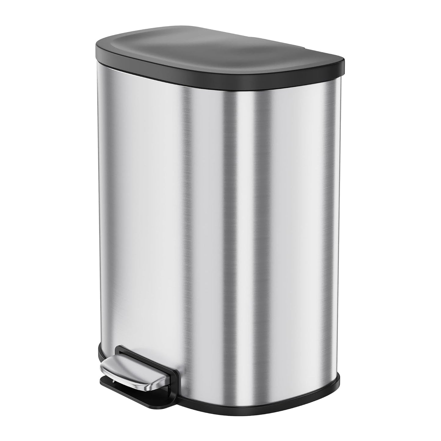 Stainless Steel Trash Can, 15 L/13 gal Hands Free Garbage Can with Soft Close Lid and Foot Pedal, Metal Kitchen Waste Bin with Inner Bucket for Living Room, Office, D Shape, Silver