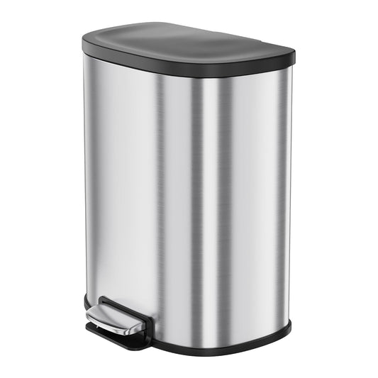 Stainless Steel Trash Can, 15 L/13 gal Hands Free Garbage Can with Soft Close Lid and Foot Pedal, Metal Kitchen Waste Bin with Inner Bucket for Living Room, Office, D Shape, Silver