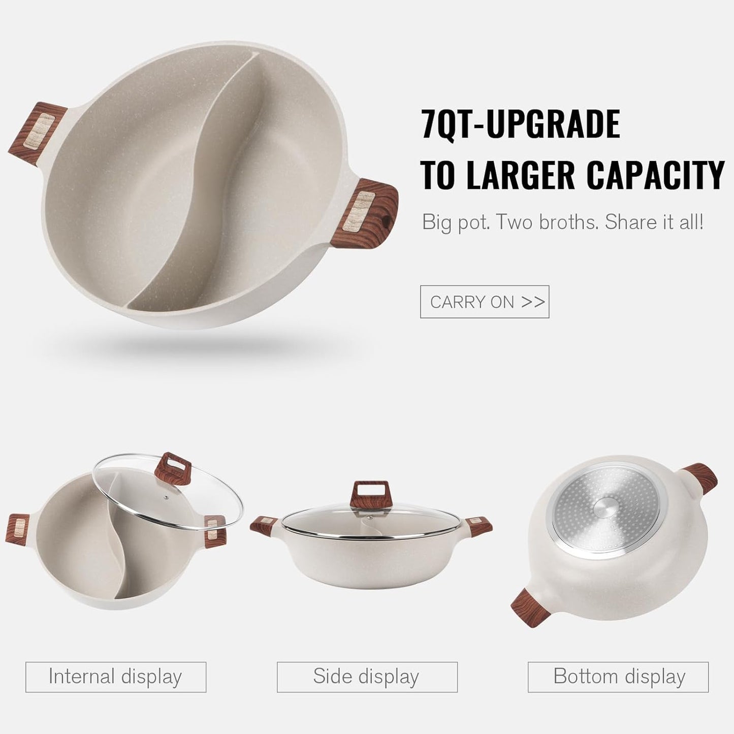 7-QT Shabu Shabu Hot Pot with Divider Double Flavor Divided Stockpot with Glass Lid Dual Sided Soup Cookware for Induction Cooktop Gas Stove Hot Burner