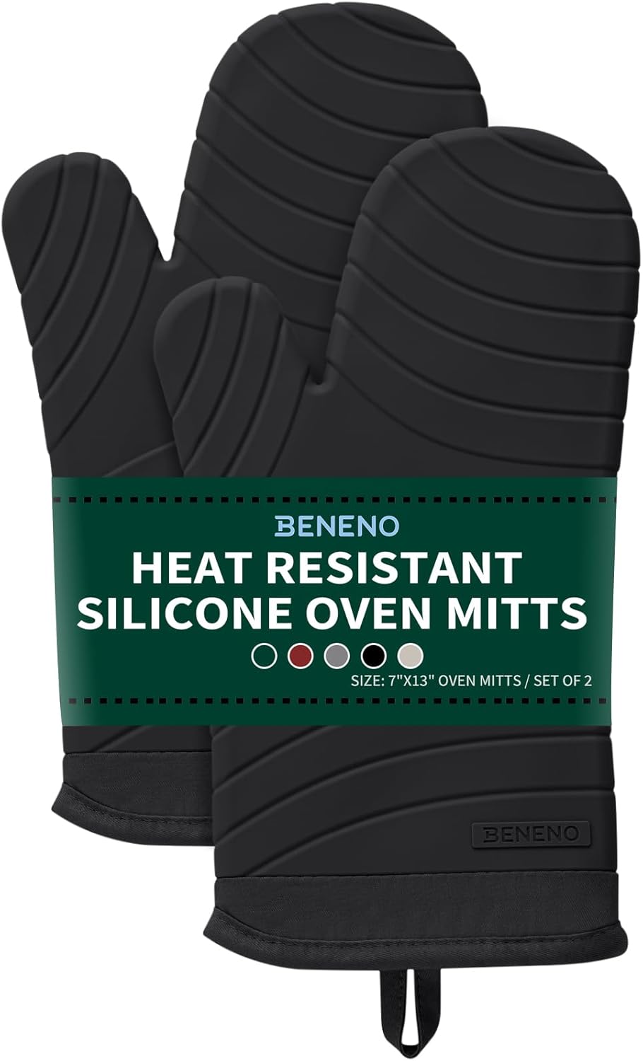 Beneno BPA-Free Silicone Oven Mitts, Heat Resistant Waterproof Oven Mitts with Non-Slip Textured Grip, Comfortable Quilted Lining, Kitchen Pot Holders for Cooking, Baking, Grilling, 7"x13", 2Pcs Black