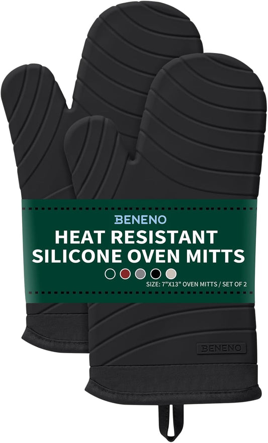 Beneno BPA-Free Silicone Oven Mitts, Heat Resistant Waterproof Oven Mitts with Non-Slip Textured Grip, Comfortable Quilted Lining, Kitchen Pot Holders for Cooking, Baking, Grilling, 7"x13", 2Pcs Black
