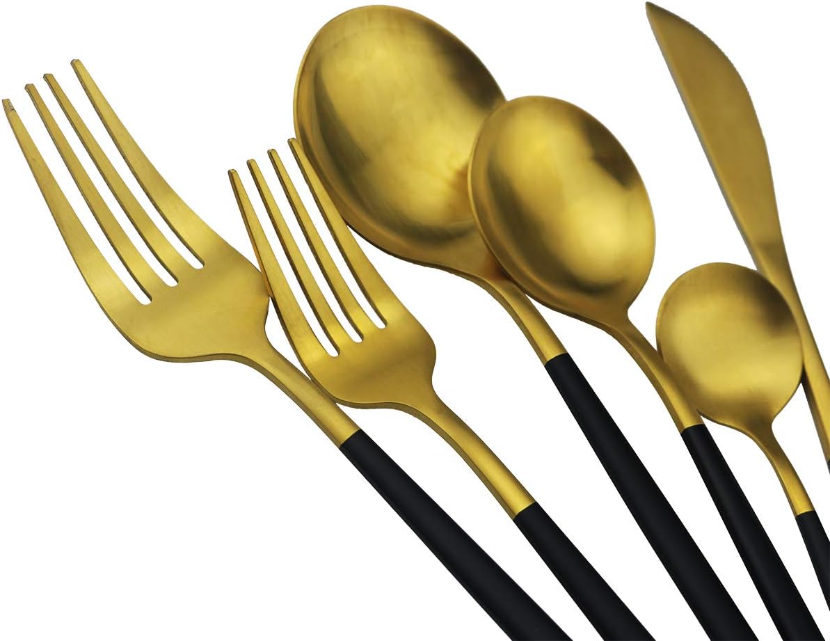40-Pieces Silverware Set, Flatware Sets Satin Finish, 304 Stainless Steel Utensils Dishwasher Safe Service for 8, Include Dinner Knife/Fork/Spoon Dinnerware Sets (Matte Black Gold)