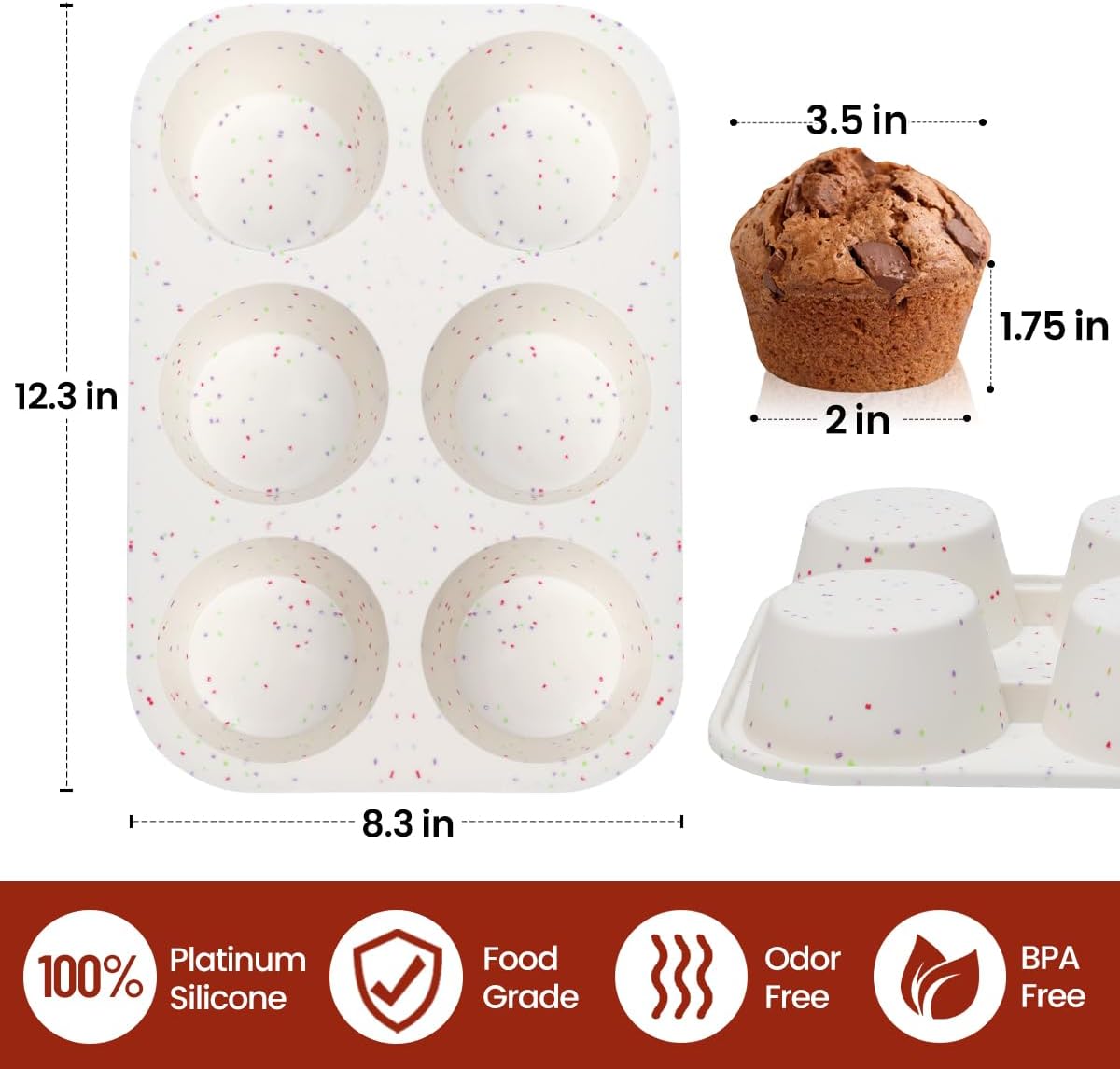 CAKETIME Jumbo Muffin Pan, 3.5 Inch Large Muffin Pan 6 Cup Silicone Jumbo Muffin Tin for Baking Giant Homemade Muffins, Cupcakes, Frittatas BPA Free Non Stick 2 Pack Confetti