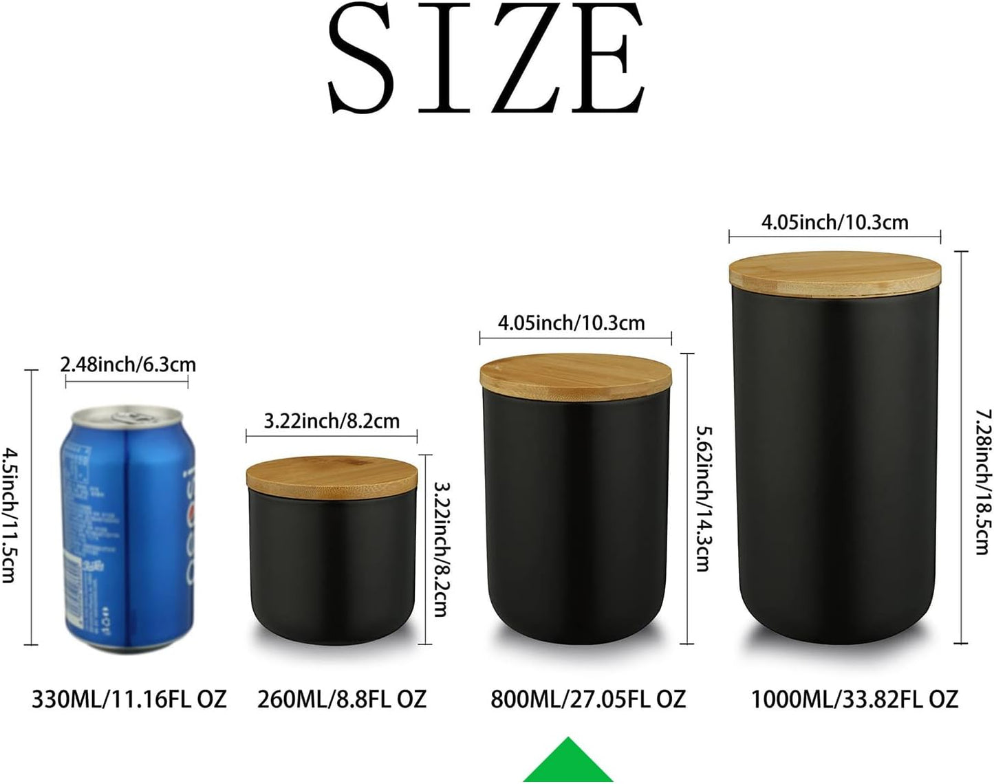 jessie Ceramic Storage Containers with Airtight Seal Bamboo Lids Kitchen Canisters for Sugar Coffee Tea Spice Seasoning (black, 800ml/27 oz)