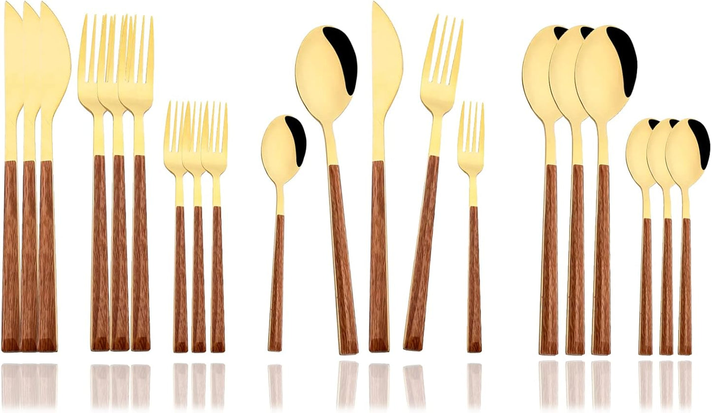JASHII Wood Handle Flatware Set, 20 Pieces Stainless Steel Silverware Cutlery Set, Mirror Polished, Square Knife Fork Spoon Set, Dishwasher Safe - Korean Style Gold