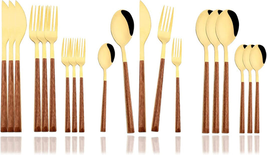 JASHII Wood Handle Flatware Set, 20 Pieces Stainless Steel Silverware Cutlery Set, Mirror Polished, Square Knife Fork Spoon Set, Dishwasher Safe - Korean Style Gold