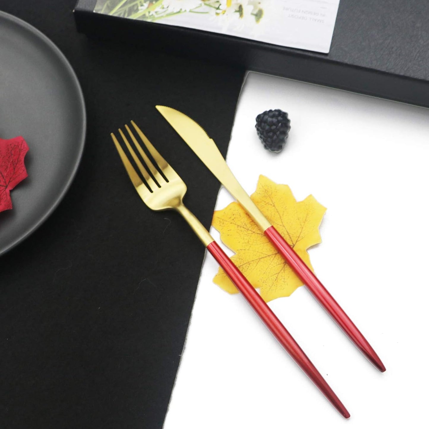 JASHII Luxury 18/10 Red Handle Flatware Gold Silverware Set 304 Stainless Steel Flatware Cutlery Set| 20-Piece Adaline Royal Modern Satin Finish| BEST Birthday Wedding Gift (Red Handle Matte Gold)