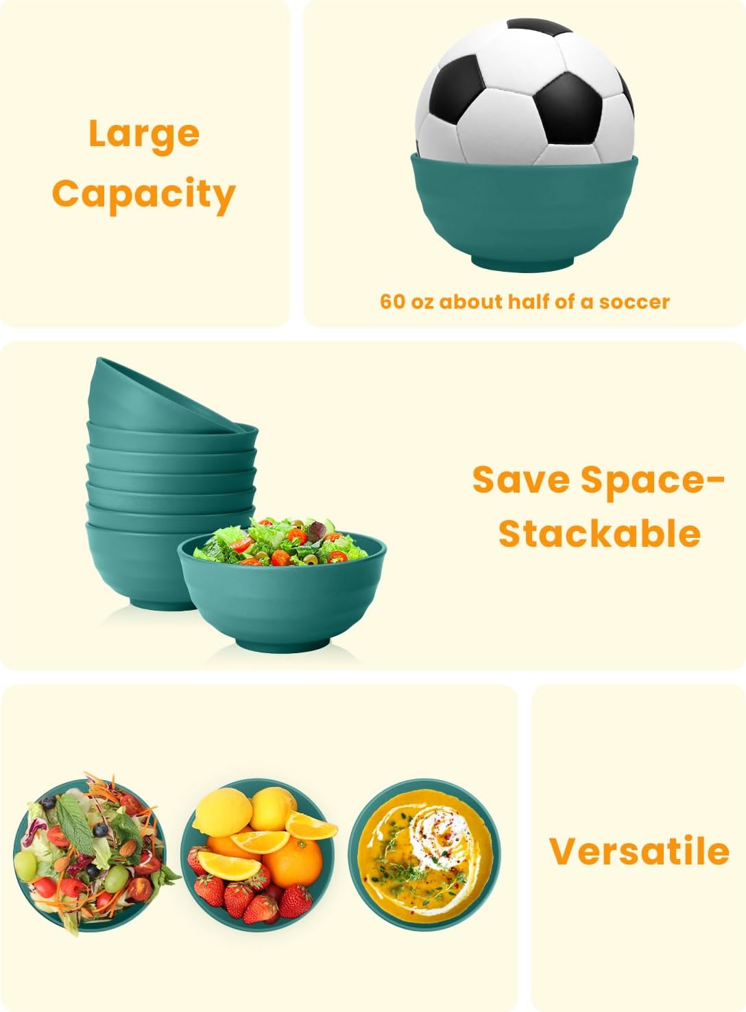 Homienly Wheat Straw Large Bowls, 60 OZ Salad Bowls Set of 8, Unbreakable Large Serving Bowl for Kitchen, Camping, Microwave and Dishwasher Safe Big Plastic Bowl Set Reusable-Green