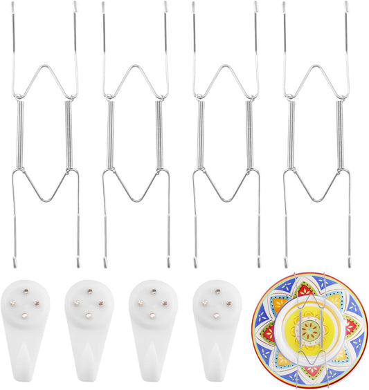 4 Pack Plate Hangers for The Wall Suitable for 8-10 inch Small Decorative Plate, Invisible Stainless Steel Plate Hangers for Display with Wall Hooks, for Plates/Platter/Dish/Picture(Silver)