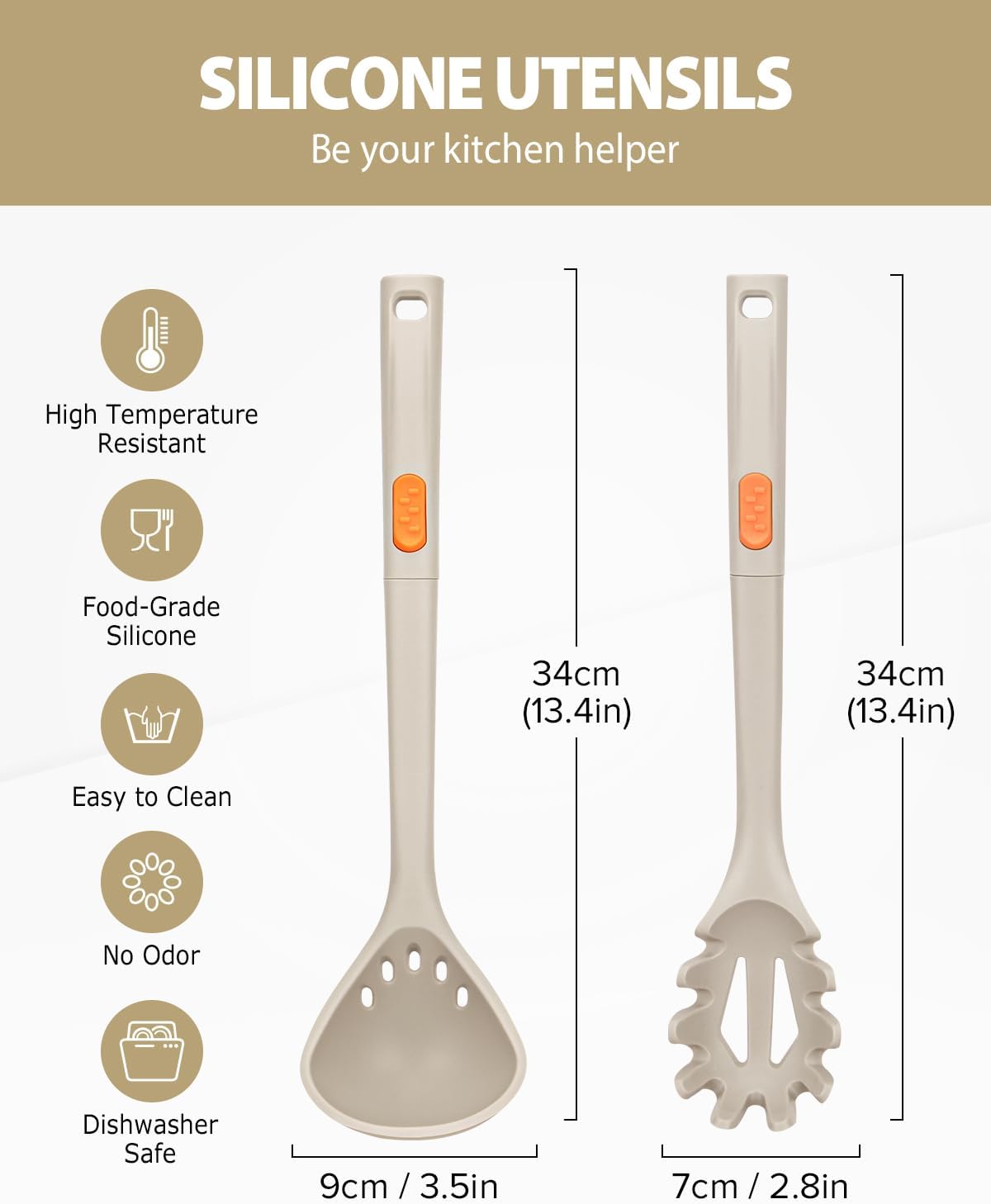 Silicone Pasta Fork and Ladle Spoon Set, Large Non Stick Kitchen Utensils for Cooking,Stirring,One Piece Serving Spaghetti, Soup, Sauce (KHAKI)