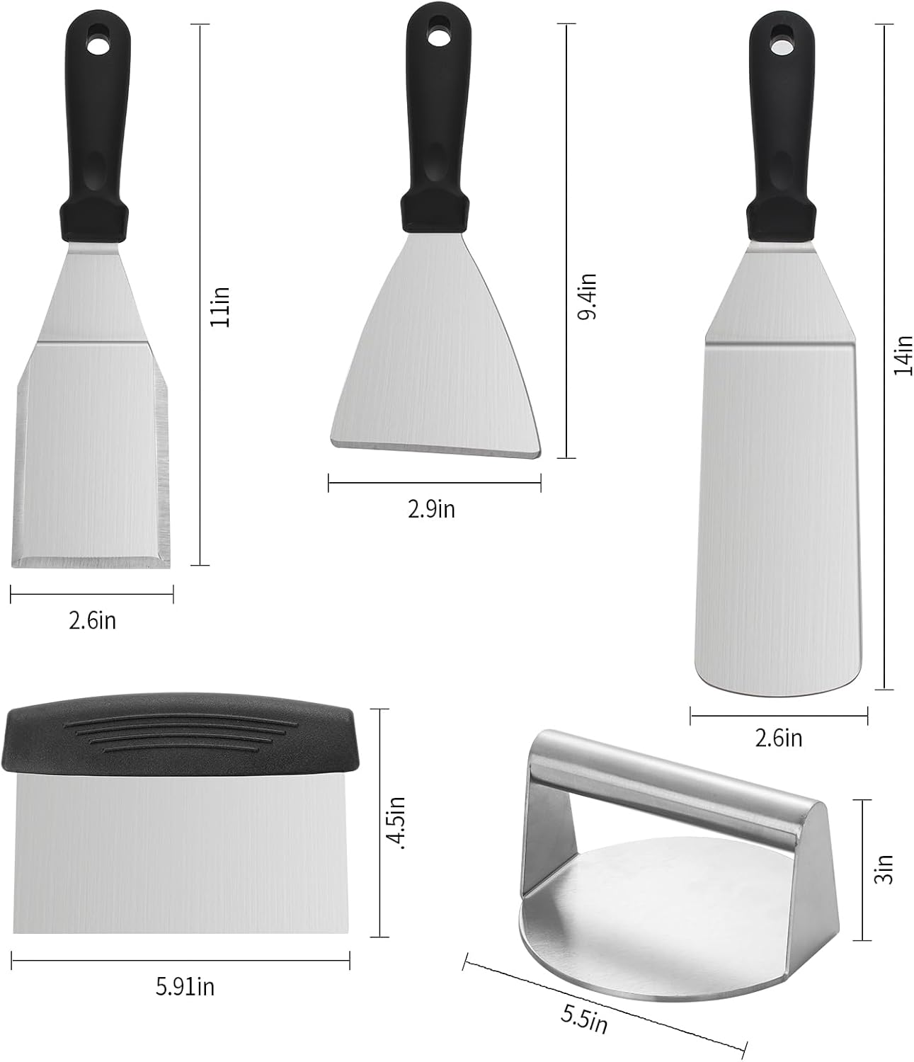 Stainless Steel Spatula Set, Amafox 5-Piece Grill Spatula Set with Full Tang Handle- Flat BBQ Grill Griddle Accessories- Spatula Pancake Flipper Hamburger Turner