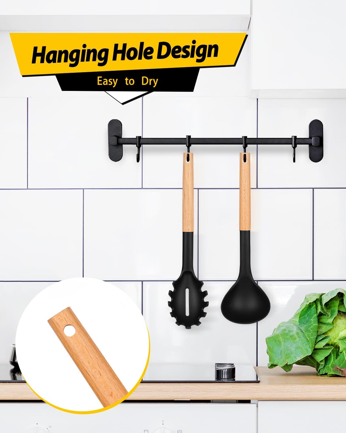 Silicone Pasta Fork and Ladle Spoon Set with Wooden Handle, Heat Resistant Non Stick Kitchen Utensils for Cooking, Stirring, Serving Spaghetti, Soup, Sauce(BLACK)