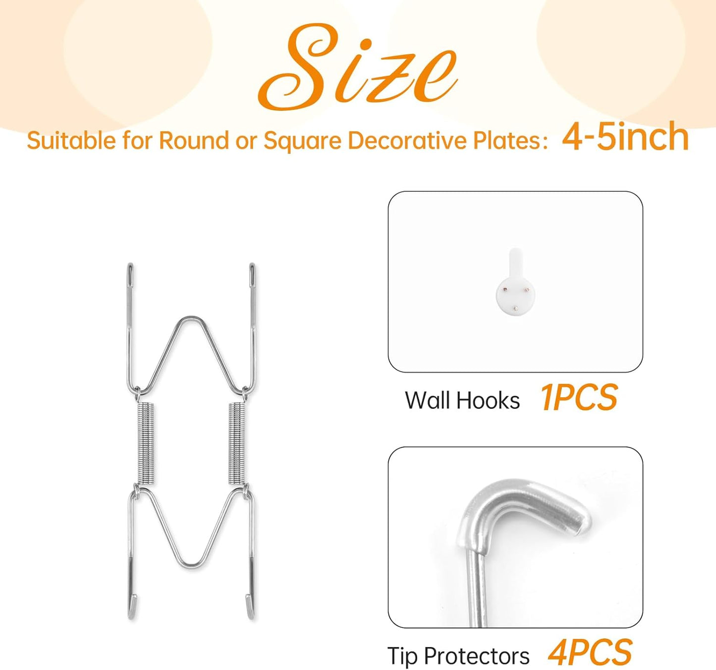 Plate Hangers for The Wall, Suitable for 4-5 inch Decorative Plate, Stainless Steel Wire Plate Holder with Wall Hooks and Rubber tip Protectors, Plate Hangers for Displaying Plates, Platter, Silver