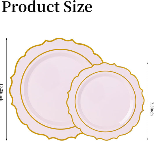 120PCS Pink Plastic Plates, Disposable Elegant Party Plate with Gold Rim, Heavy Duty 60 Dinner and 60 Dessert Fancy Plates for Party and Wedding
