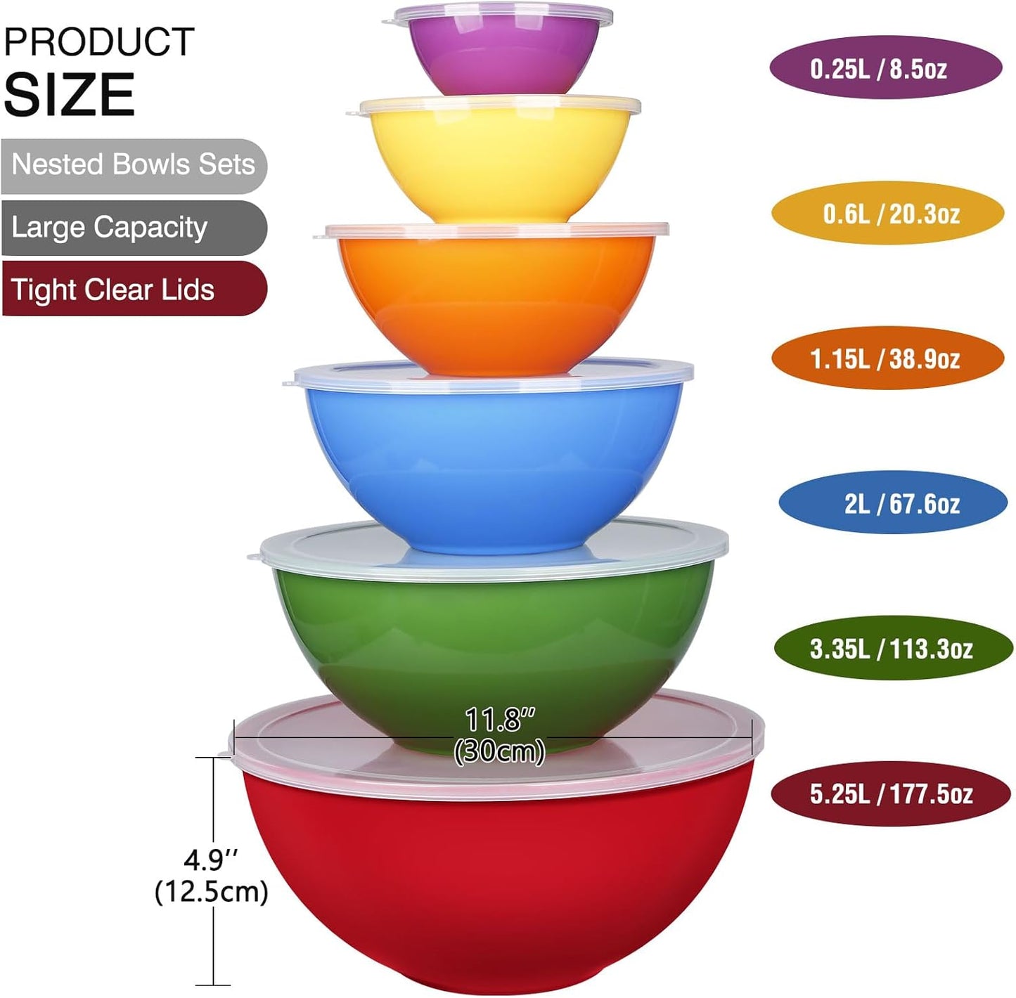 6-Piece Plastic Mixing Bowl Set with Lids for Kitchen, Nesting Storage Bowls for Baking, Prepping,Cooking and Serving Food, Dishwasher, Microwave Safe,Great for Mixing & Serving(6 Set-Red)