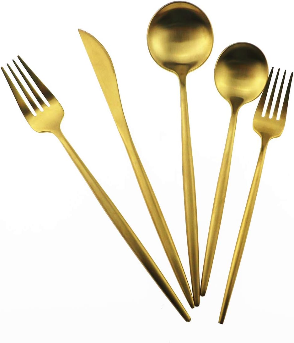 Gugrida Gold Flatware, Royal 20 Piece Luxury Matte Finish 18/10 Stainless Steel Tableware Sets for 4 Including Forks Spoons Knives, Camping Silverware Travel Utensils Set Cutlery (Gold)