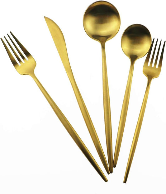 Gugrida Gold Flatware, Royal 20 Piece Luxury Matte Finish 18/10 Stainless Steel Tableware Sets for 4 Including Forks Spoons Knives, Camping Silverware Travel Utensils Set Cutlery (Gold)
