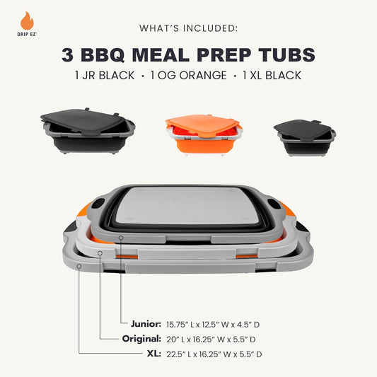 Drip EZ Collapsible BBQ Prep Tubs 3-Piece Set- For Meal Prep Marinating Food Storage - Includes Cutting Board & Lid - (1) JR - Black + (1) OG - Orange + (1) XL - Black