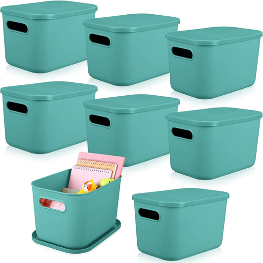 Hoolerry 8 Pieces Colorful Storage Bins with Lid, Plastic Storage Basket Organizing Container Stackable Box with Handle for Shelves Desktop Playroom Office(10.2 x 7 x 6.3 Inch,Green)
