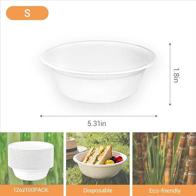 100 Pack 12oz Compostable Paper Bowls Small Disposable Soup Bowls White Natural Sugarcane Biodegradable Bowls for Ice Cream, Desserts, Salads, Pet Food