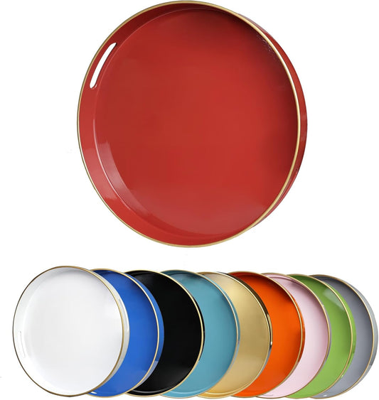 Red Round Decorative Tray with Handles, 13" Elegant Coffee Table Serving Tray for Ottoman Living Room, Bathroom, Outdoors, Breakfast