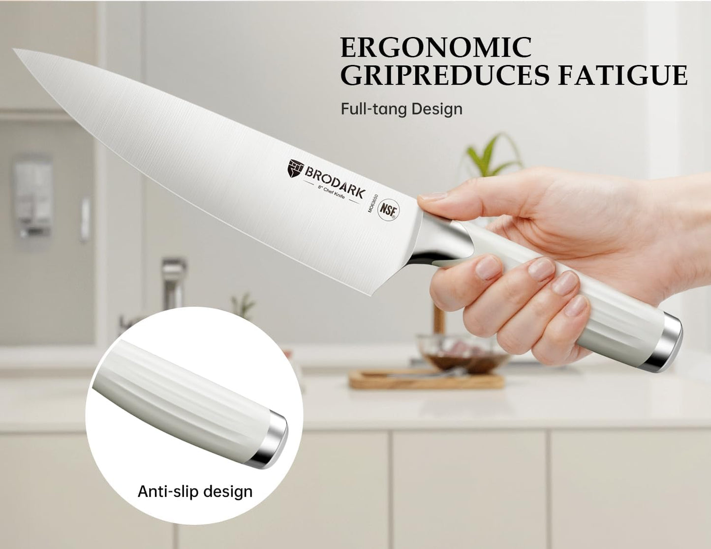 BRODARK Kitchen Knife Set with Block and Sharpening Rod, 15-Piece Full Tang German Stainless Steel Knife Block Set with Ergonomic Roman Handle, White, Ultra Sharp & Rust Resistant, Premium Gift Box