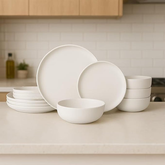 12-Piece Matte White Dinnerware Set,Stoneware Dinnerware for 4, Microwave & Dishwasher Safe, Stackable Design for Kitchen and Dining - Plates and Bowls
