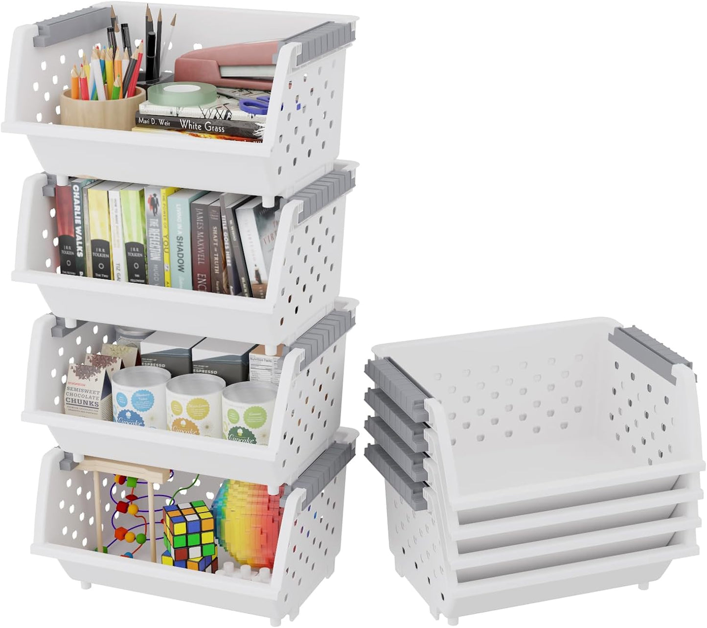 Xyskin Stackable Storage Bins, Large Open Front Storage Bins for Closet, Kitchen, Office, or Pantry Organization, Pack of 4