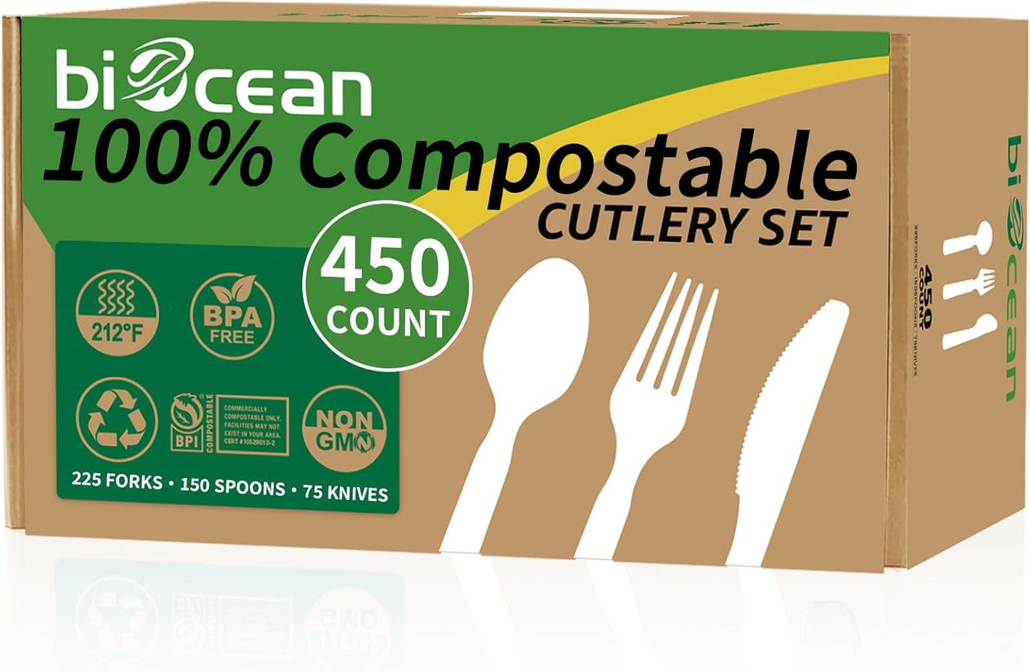 450 Counts Compostable Forks Spoons Knives Set Disposable Forks Utensils Heavy Duty Knives Silverware Eco Friendly Flatware for Party Camping Picnics White forks spoons and knives set