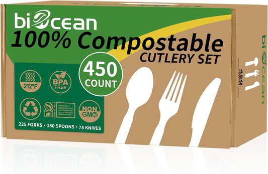450 Counts Compostable Forks Spoons Knives Set Disposable Forks Utensils Heavy Duty Knives Silverware Eco Friendly Flatware for Party Camping Picnics White forks spoons and knives set