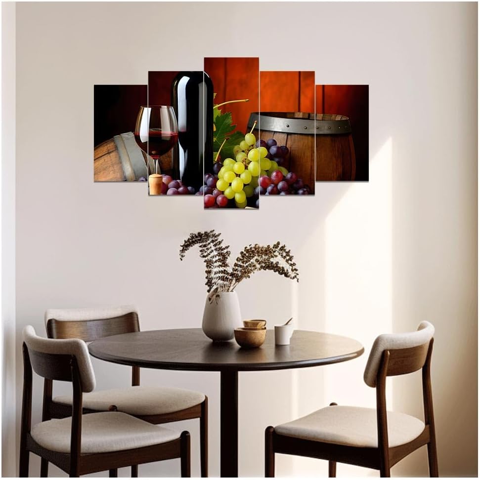 DOARTDO 5 Pieces Kitchen Wall Art Wine and Fruit Grape Pictures Food Canvas Prints Red Wine Cups Painting Large Kitchen Dining Room Bar Cellar Decor Framed (Red, (8x14inx2 8x18inx2 8x22inx1))
