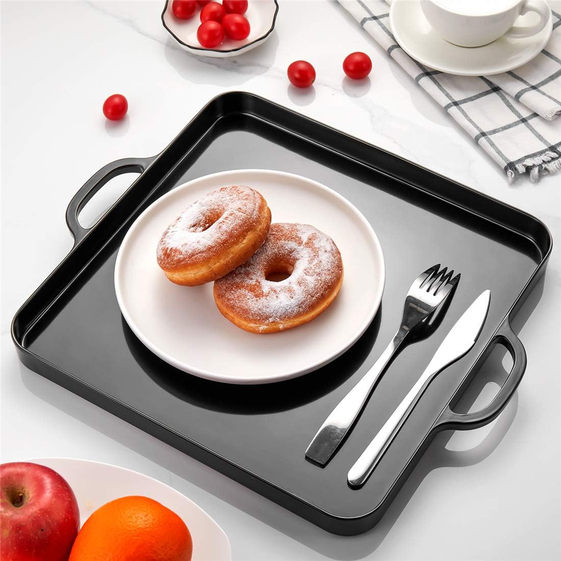 Square Serving Trays with Handles Melamine Black 12.5x12.5 Inch Spill Proof Kitchen Eating Trays Set of 2 for Cafeteria Cafe Food Appeizer Dessert Snack Dinner Lunch Breakfast,TR16-02