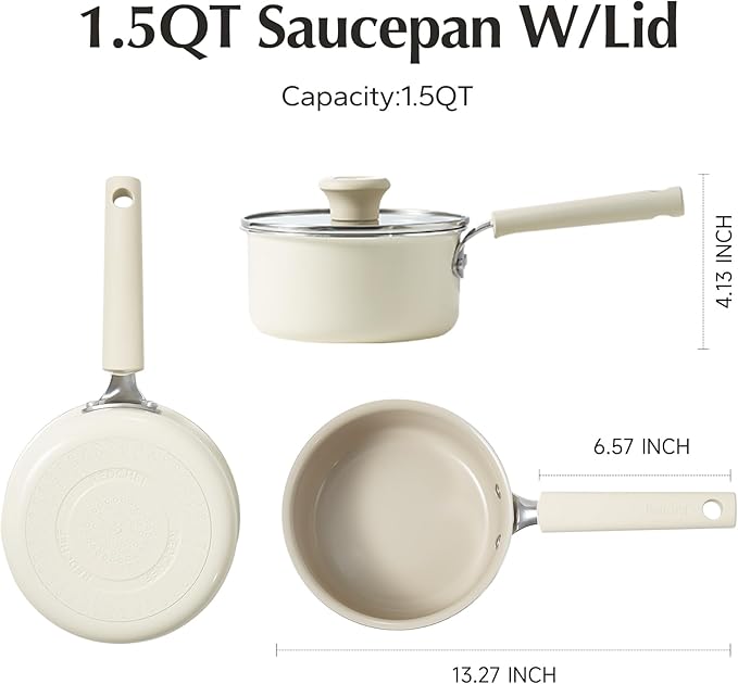 Redchef Ceramic Nonstick Saucepan with Lid, 1.5QT Small Cooking Pot, Non Toxic Sauce Pans for Kitchen, Cool Handle PFAS Free Compatible with All Cooktops, White