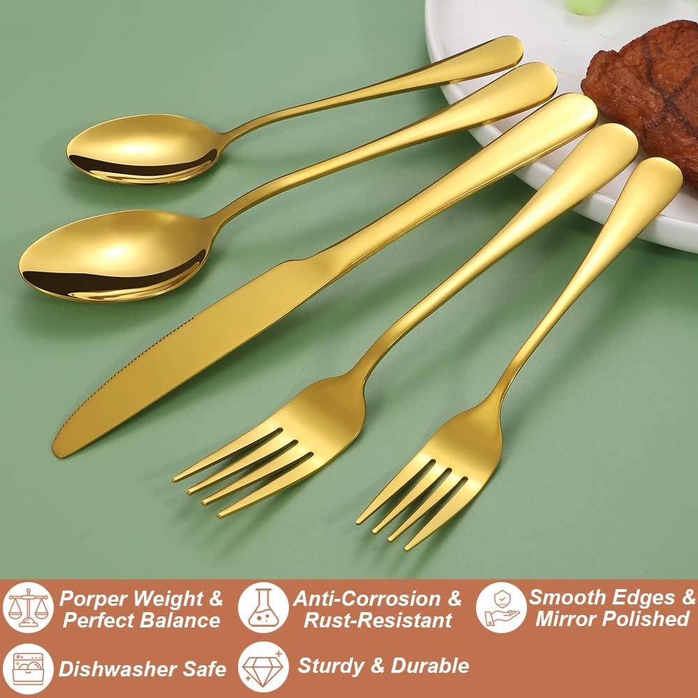 Lazycorner 30 Pcs Gold Silverware Set for 6, Food Grade Stainless Steel Flatware Set Include Fork/Knife/Spoon, Mirror Polished Eating Utensils Sets, Reusable Silverwear Cutlery Set, Dishwasher Safe