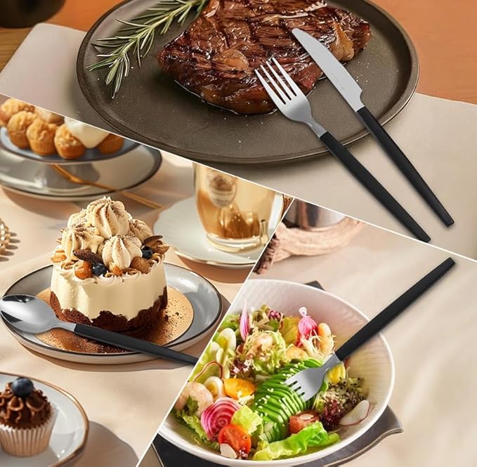 Silverware Sets - 48 PCS 18/0 Food Grade Stainless Steel Silverware Sets Service for 8 Dishwasher Safe, Mirror Polished Flatware Set For Home,Restaurant,Hotel, Wedding, Parties（Black）