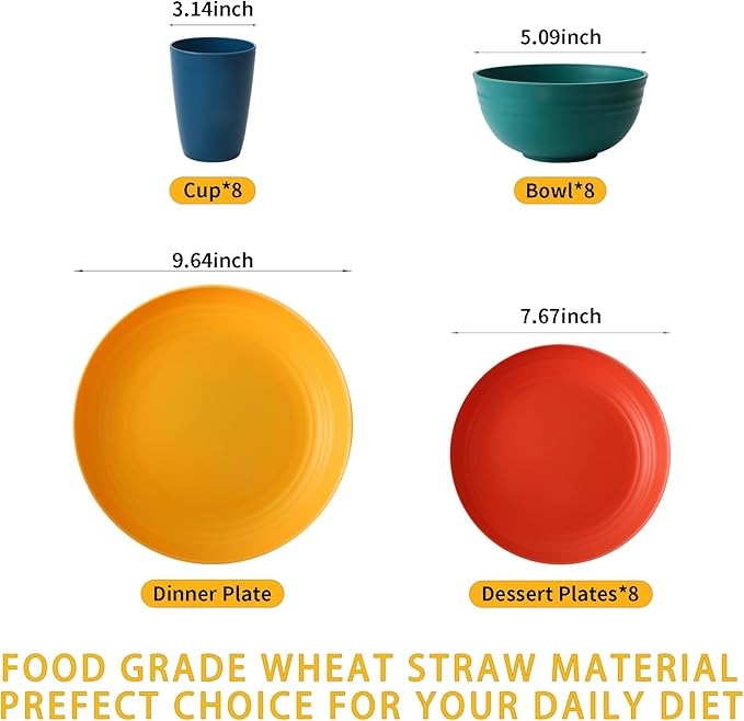 Lazycorner 32Pcs Kitchen Wheat Straw Dinnerware Set, Service for 8, Plastic Reuasble Dinner Dishes Serving Plate Set for Kitchen, Including Dinner Plate, Dessert Plate, Bowl, Cup(Multicolor)