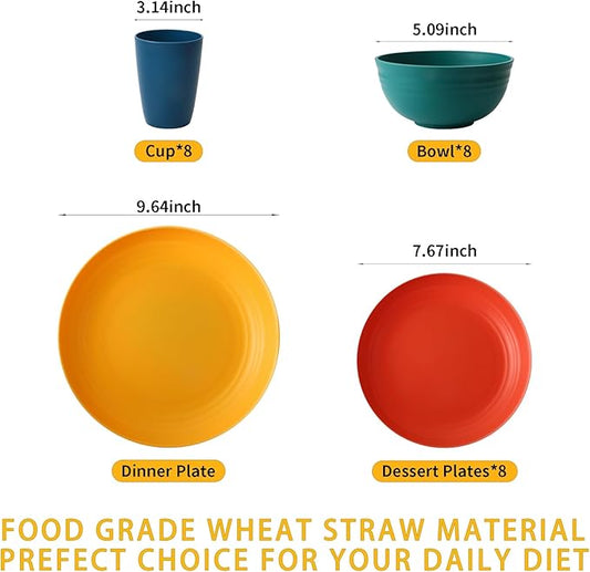 Lazycorner 32Pcs Kitchen Wheat Straw Dinnerware Set, Service for 8, Plastic Reuasble Dinner Dishes Serving Plate Set for Kitchen, Including Dinner Plate, Dessert Plate, Bowl, Cup(Multicolor)