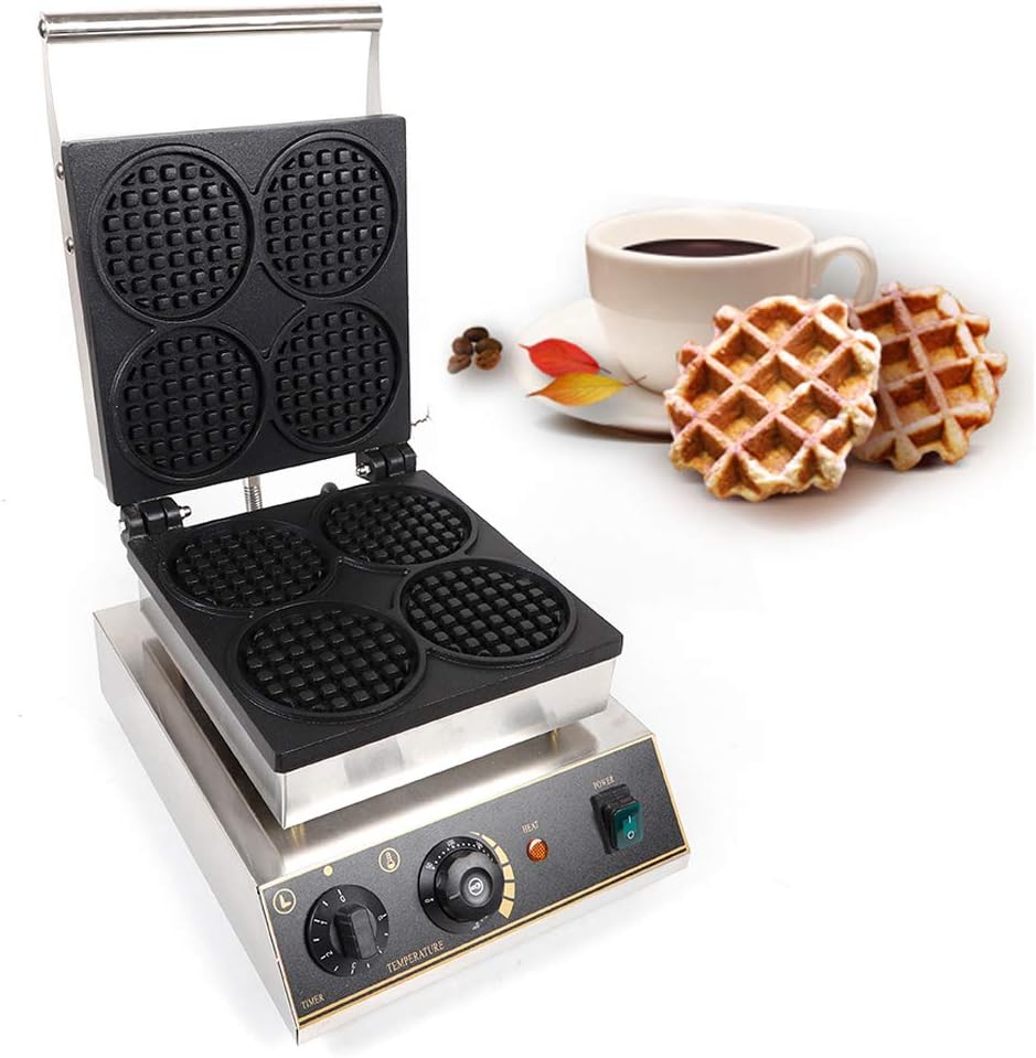 1750W Commercial Waffle Maker, 4 Grids Electric Round Waffle Maker Non-Stick Stainless Steel Belgian Waffle Iron w/Time & Temper Adjustable| Food Clip|Whisk, Large Waffle Machine for Restaurant Party