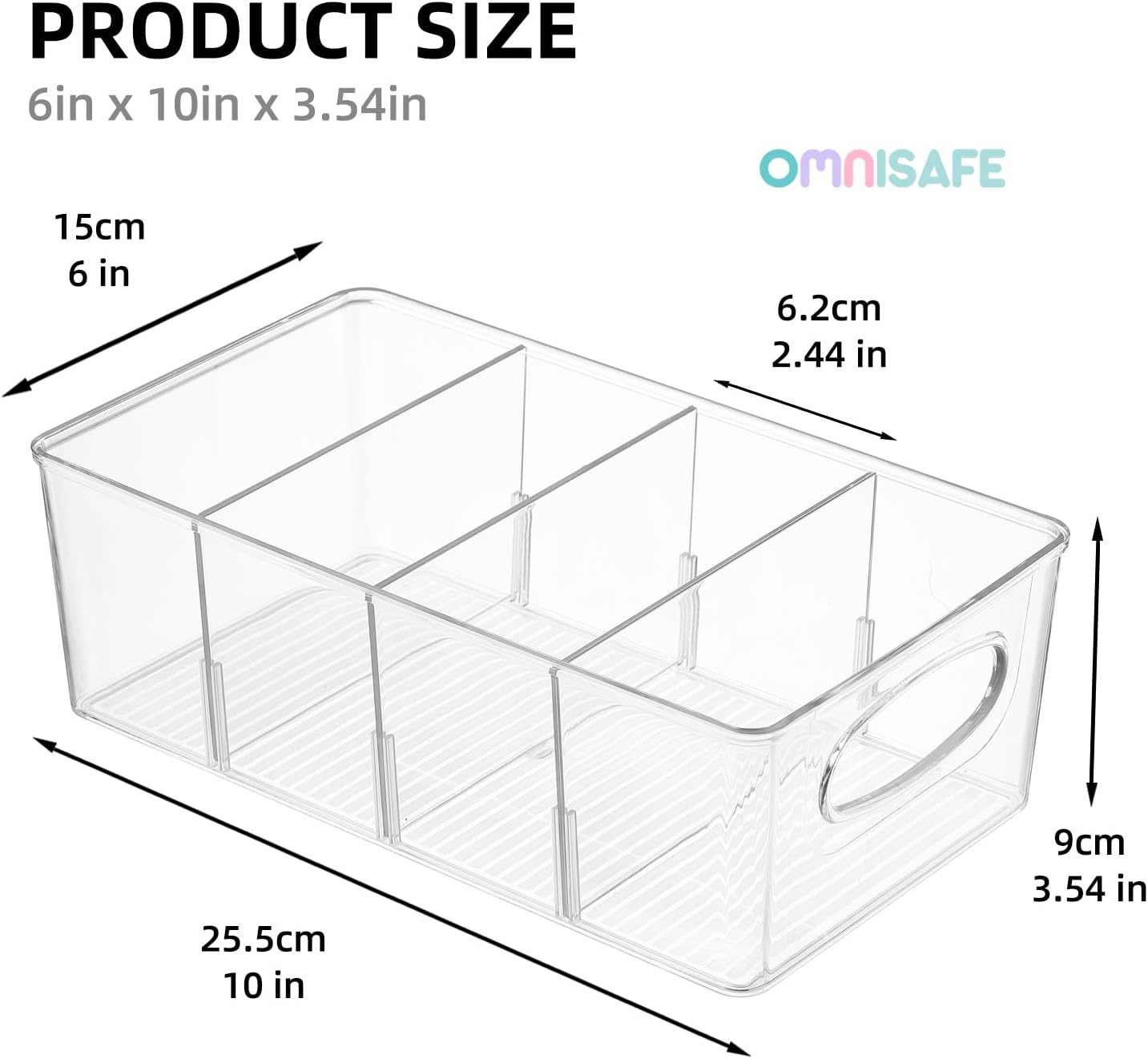 4-Section Divided Storage Plastic Bins, Clear Plastic Food Storage Organizer for Kitchen, Snacks, Spice Packets,Pouches, Stackable Tea Bag Storage Bin (6 Pack)