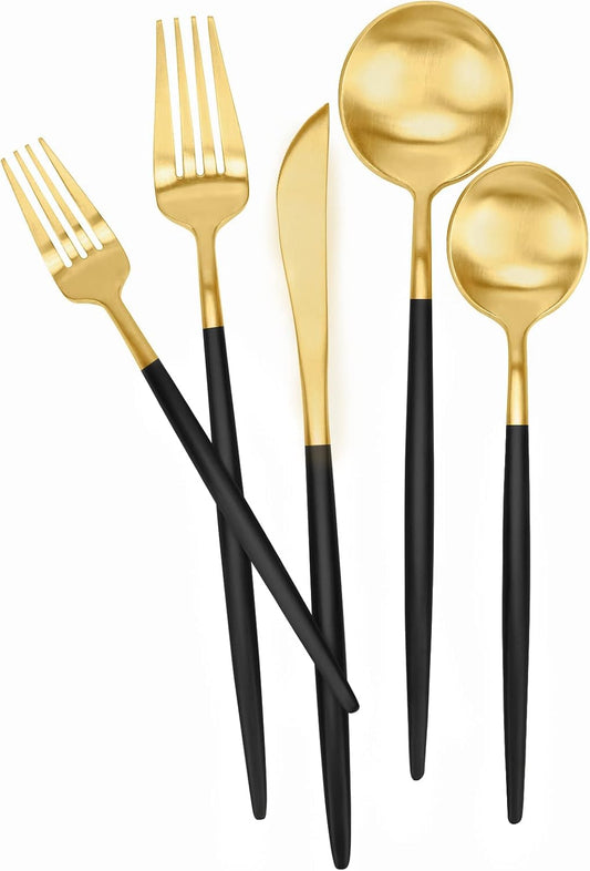 Matte Black and Gold Silverware Set 30 Pieces, FAMEWARE Stainless Steel Flatware Set Service for 6，Tableware Cutlery Set Satin Finished Polished & Dishwasher Safe