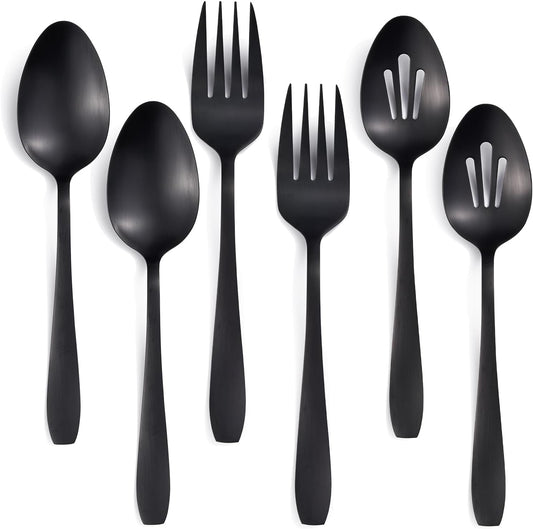6 Pieces Large Black Serving Utensils, Stainless Steel Catering Buffet Serving Set Hostess Set, Serving Spoon x 2, Slotted Serving Spoon x 2 and Serving Forks x 2 for Party Banquet Cooking