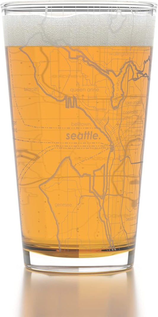 Well Told Engraved Seattle Washington Map Pint Glass, Etched Beer Gift (16 oz, Clear) City Map Pint, Custom City Glassware, Gifts For Beer Lovers