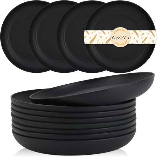 Wrova Wheat Straw Plates - 8 Inch Unbreakable Dinner Plates Set of 8 - Dishwasher & Microwave Safe Plastic Plates Reusable - Lightweight Plates for kitchen,R.V (pure black)