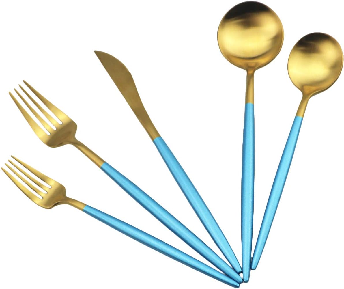 JASHII Silverware Sets, 5-Piece Flatware 18/10 Stainless Steel Heavy Weight Forged Cutlery Eating Utensils Forks Spoons Knives Set Tableware Service for 1 Matte Finished (Blue & Gold)