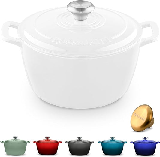 Signature Enameled Cast Iron Dutch Oven, Non-Stick Serving Pot with Tight Fitting Lid for Perfect Roasting, Baking, Sauteing, and Bread Making | 4.5Q (4.2L) - White
