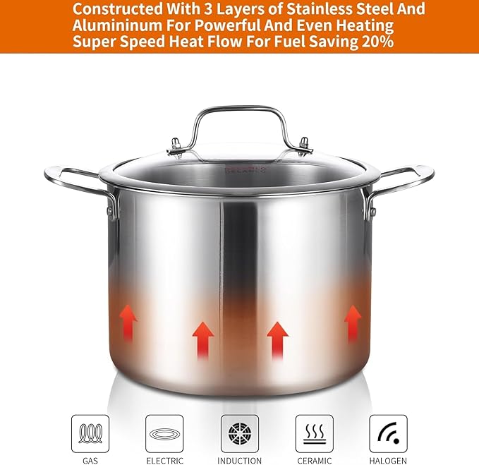 DELARLO Tri-Ply Stainless Steel Soup Pot 12QT, Tri-ply Big Pots for Cooking, 18/10 whole clad Stainless Steel Pot, Fast Even Heat, 12 QT Stock cookware with Lid, Pasta Pot, Induction Ready Up to 600℉