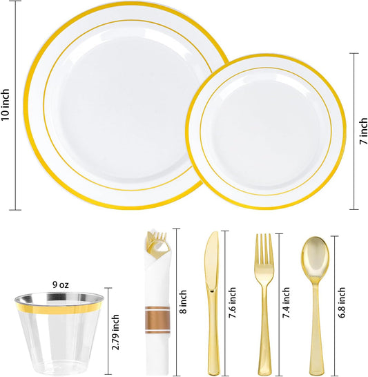 350 PCS White and Gold Plastic Dinnerware Set for 50 Guests, 100 Disposable Plates for Party, 50 Pre Rolled Napkins with Gold Silverware, 50 Cups