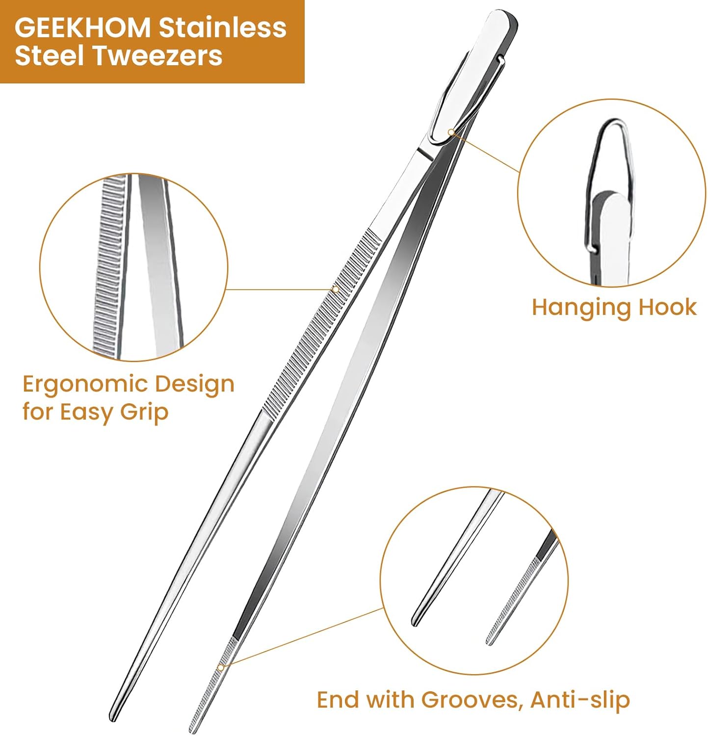 GEEKHOM 2 Pcs 12" Stainless Steel Tweezer Tongs, Silver Kitchen Utensils for Multi-Purpose Cooking, Frying, Garnish, Air Fryer & Camping