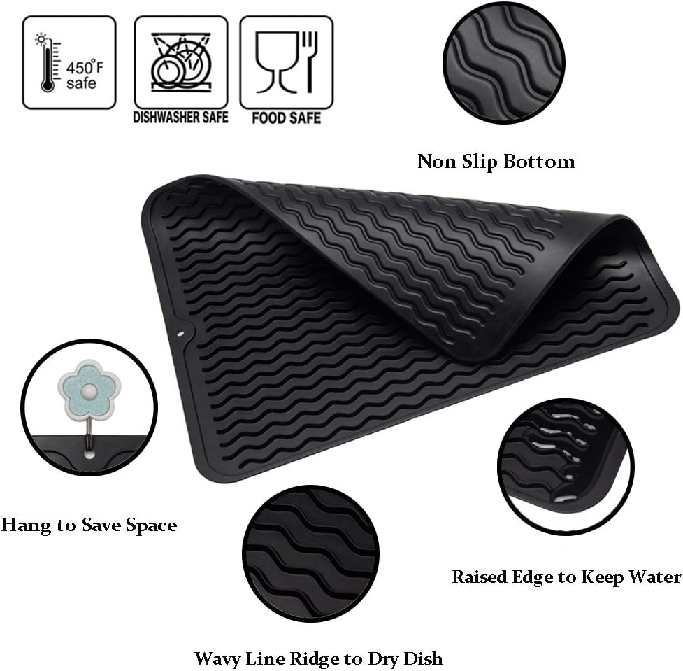 ZLR 2 Pcs Silicone Dish Drying Mats for Kitchen Counter, Eco-Friendly Fast Dry Dish Mat, Easy Clean Multi Usage Drying Matt, Heat Resistant Trivet, 12" x 16" Large, Black